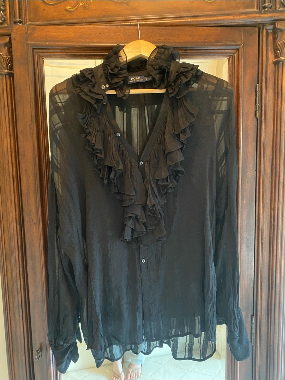 Ralph Lauren Black Ruffled Sheer V-Neck Blouse with Camisole, Size Small